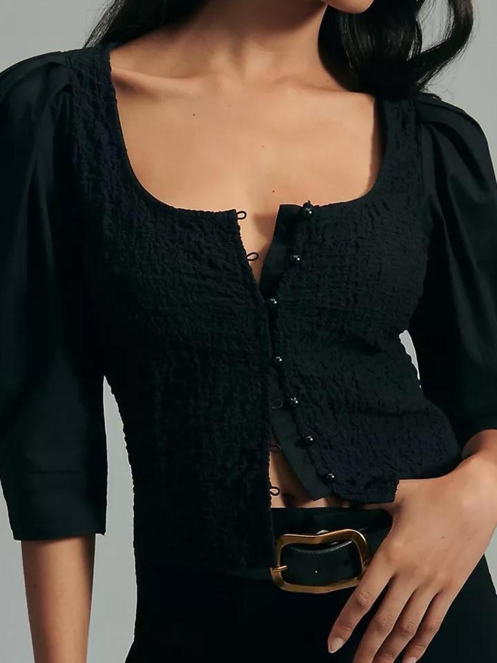Anthropologie Black Square-Neck Puff Sleeve Button-Front Smocked Cardigan Top